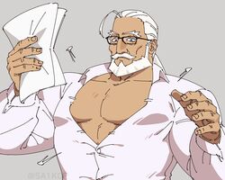  1boy bara bare_pectorals beard blue_eyes bursting_pectorals dark-skinned_male dark_skin facial_hair flying_button glasses grey_background highres holding holding_paper jp_(street_fighter) large_pectorals long_hair male_focus mature_male moustache muscular muscular_male old old_man paper pectorals ponytail rectangular_eyewear sa1k0p shirt solo street_fighter street_fighter_6 thick_eyebrows thick_mustache wardrobe_malfunction white_hair white_shirt 