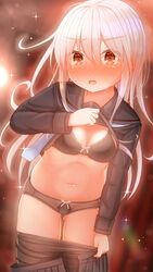  absurdres black_bra black_panties black_serafuku black_skirt blurry blurry_background blush bow bow_bra bow_panties bra breasts clothes_pull female hair_between_eyes highres kantai_collection kikuzuki_(kancolle) long_hair long_sleeves looking_at_viewer nose_blush panties pantyhose pantyhose_pull pleated_skirt red_eyes sailor_collar school_uniform serafuku skirt small_breasts solo sparkle stomach suzushiro_(gripen39) sweat underwear undressing white_hair 