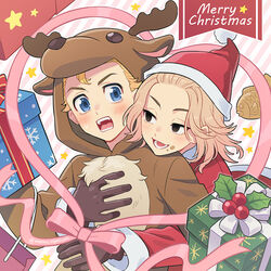  2boys black_eyes blonde_hair blue_eyes brown_gloves brown_hood christmas deer_costume dress gift gloves hanagaki_takemichi hat heart_ribbon hood hood_up hug hug_from_behind long_sleeves male_focus merry_christmas multiple_boys nightcat open_mouth pink_ribbon ribbon sano_manjirou santa_dress santa_hat surprise_hug teeth tokyo_revengers yaoi 