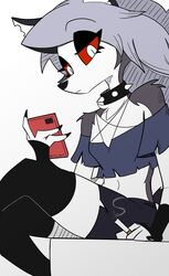  absurd_res anthro canid canid_demon canine cellphone cigarette collar demon electronics female hellhound helluva_boss hi_res icey_(artist) looking_at_viewer loona_(helluva_boss) mammal mythological_canine mythological_creature mythology phone red_eyes smoking solo 