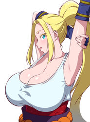  absurdres armor armpits bare_shoulders beatrix_amerhauser blonde_hair breasts cleavage egoha. female fingerless_gloves gloves high_ponytail highres huge_breasts japanese_armor kusazuri long_hair looking_at_viewer red_rope rope sidelocks simple_background solo stretching tank_top very_long_hair white_background white_tank_top zom_100:_zombie_ni_naru_made_ni_shitai_100_no_koto 