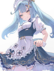  absurdres apron aqua_hair closed_mouth commentary_request dress faruzan_(cafe)_(genshin_impact) faruzan_(genshin_impact) female frilled_dress frills genshin_impact green_eyes green_nails hair_ornament highres long_hair looking_at_viewer maid maid_headdress official_alternate_costume puffy_short_sleeves puffy_sleeves short_sleeves skirt_hold smile solo symbol-shaped_pupils thighhighs triangle-shaped_pupils tsurime twintails ura_(hamburg_oniku) waist_apron white_background white_thighhighs white_wrist_cuffs wrist_cuffs x_hair_ornament 