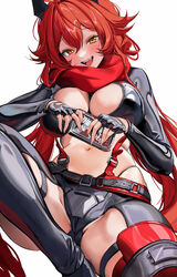  :d bikini black_footwear black_gloves black_jacket black_pants blush boots breasts cleavage commentary crotch_plate female fingerless_gloves gloves goddess_of_victory:_nikke groin hair_between_eyes head_tilt highres hip_vent horns jacket large_breasts laughing leather leather_jacket long_hair looking_at_viewer mechanical_horns messy_hair mikan03_26 navel oerba_yun_fang open_mouth pants red_hair red_hood_(nikke) red_scarf scarf sidelocks simple_background sitting skindentation smile smirk solo spread_legs stomach suspenders swimsuit teeth tongue unzipped upper_teeth_only very_long_hair white_background yellow_eyes 