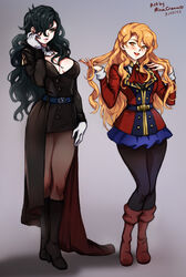  2022 2girls artist_name belt belt_buckle black_hair boots breasts buckle dated dress english_commentary ferdinand_von_aegir fire_emblem fire_emblem:_three_houses full_body genderswap_(mtf) gloves grey_background hair_between_eyes hair_over_one_eye high_heel_boots high_heels hubert_von_vestra long_hair long_sleeves medium_breasts mina_cream miniskirt multiple_girls open_mouth orange_eyes orange_hair pantyhose rule_63 simple_background skirt tongue yellow_eyes 