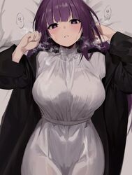  bed_sheet black_coat blunt_bangs blush breasts clenched_hands coat commentary dio_nand dress female fern_(sousou_no_frieren) hands_up heavy_breathing highres large_breasts long_hair looking_at_viewer lying on_back open_clothes open_coat open_mouth purple_eyes purple_hair solo sousou_no_frieren speech_bubble white_dress 