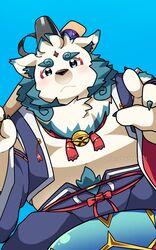  1boy :&lt; agyo_(housamo) aqua_eyes aqua_fur bell belly black_hat blue_background blue_nails chest_tuft cocoducker dutch_angle english_commentary eyeliner fingernails furry furry_male hat highres holding_baton japanese_clothes jingle_bell komainu_boy komainu_ears makeup male_focus navel plump pointing red_eyeliner ritual_baton sharp_fingernails short_hair signature simple_background solo tate_eboshi thick_eyebrows tokyo_afterschool_summoners 