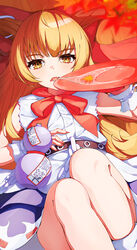  absurdres ahoge alcohol bow bowtie chains cup female gourd hairbow highres horn_ornament horns ibuki_suika lying mika_pikazo_(style) nazca_(yhan_mie) oerba_yun_fang on_back oni orange_hair red_bow red_bowtie sakazuki sake shirt skin_fang solo torn_clothes torn_sleeves touhou white_shirt wrist_cuffs yellow_eyes 