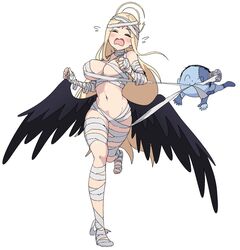  1boy alternate_costume ayumu_(blue_archive) bandaged_arm bandaged_foot bandaged_hand bandaged_head bandaged_leg bandaged_neck bandages black_wings blonde_hair blue_archive blue_skin blush breasts closed_eyes colored_skin commentary_request doodle_sensei_(blue_archive) dot_nose feathered_wings female fleeing flying_teardrops full_body girly_running halloween_costume halo highres large_breasts long_hair momomatang mouth_hold naked_bandage navel open_mouth patchwork_skin running running_towards_viewer sensei_(blue_archive) simple_background standing stitched_face stitched_hand stitched_leg stitches tears very_long_hair wavy_mouth white_background wings 