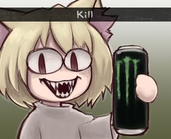  :3 absurd_res animal_humanoid beverage blonde_hair cat_humanoid cat_smile clothing digital_media_(artwork) domestic_cat energy_drink fangs felid felid_humanoid feline feline_humanoid felis female gradient_background green_background grey_background hair hi_res holding_beverage holding_object humanoid inner_ear_fluff kill_(meme) light_body light_skin mammal mammal_humanoid monster_energy neco-arc neco_spirit open_mouth open_smile pupils red_ear_fluff red_eyes red_pupils shaded sharp_teeth shrums simple_background sinister_smile slit_pupils smile solo sweater teeth text topwear tsukihime tuft type-moon white_clothing white_sweater white_topwear 