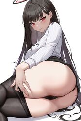  absurdres ass ass_focus black_hair black_pantyhose black_skirt blue_archive blunt_bangs blush breasts bright_pupils clothes_pull female hair_ornament hairclip halo highres huge_ass large_breasts long_hair long_sleeves looking_at_viewer panties pantyhose pantyhose_pull parted_bangs parted_lips partially_visible_vulva pleated_skirt presenting red_eyes rio_(blue_archive) skirt solo sweater thick_thighs thighs thong turtleneck turtleneck_sweater underwear very_long_hair white_pupils white_sweater yukiaka 