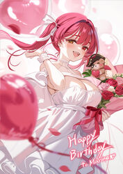  alternate_costume balloon blurry blush bouquet breasts cleavage_cutout clothing_cutout commentary_request depth_of_field dress female hair_ribbon hand_up happy_birthday heart_balloon heterochromia highres holding holding_bouquet hololive houshou_marine long_hair looking_at_viewer medium_breasts open_mouth red_eyes red_hair ribbon ruiuncle smile solo teeth twintails upper_teeth_only virtual_youtuber white_dress white_ribbon yellow_eyes 