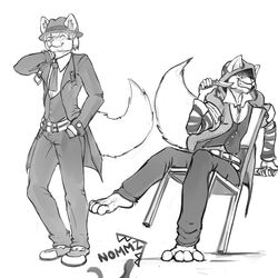  1:1 anthro arc_system_works belt blazblue bottomwear canid canine chain_jewelry cheshire_cat_(species) clothing cosplay domestic_cat duo fan_character fedora felid feline felis fox fur gloves greyscale grin hair handwear hat hazama_(blazblue) headgear headwear hi_res hood hybrid knife leaning_on_chair legwear male mammal monochrome necktie nommz pants shard_artel shirt smile spats suit suit_jacket tail tight_clothing topwear 