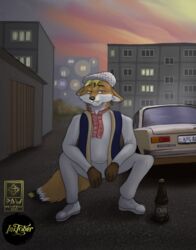  absurd_res anthro canid canine car cigarette clothed clothing detailed_background fox hi_res lada male mammal pawprincess slav smoking solo vehicle 