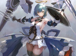  alice_gear_aegis areola_slip black_thighhighs blue_hair breasts closed_mouth commentary dress earrings female floating floating_object halo holding holding_shield holding_sword holding_weapon jewelry mecha_musume mechanical_arms mechanical_halo mia_viosin panties shield sideboob signature solo sword thighhighs underwear weapon white_dress white_panties yellow_eyes yoshiku_(oden-usagi) 