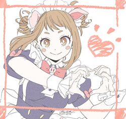  animal_ears apron black_shirt blush_stickers boku_no_hero_academia bow bowtie breasts brown_eyes brown_hair dated double_bun fake_animal_ears female hair_bun heart heart_hands large_breasts maid_headdress medium_hair messy_hair morishima_noriko pig_ears puffy_short_sleeves puffy_sleeves red_bow red_bowtie shirt short_sleeves signature smile solo upper_body uraraka_ochako waist_apron white_apron wrist_cuffs 