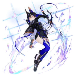  animal_ears black_corset black_dress black_gloves black_hair black_jacket blue_garter_straps blue_hair blue_nails blue_ribbon blue_thighhighs boots breasts corset cross-laced_footwear crystal diffraction_spikes dress echocalypse female fingernails full_body garter_straps gloves hair_between_eyes highres holding holding_sword holding_weapon jacket kurain_(echocalypse) long_fingernails multicolored_footwear multicolored_hair natsuiro_xx o-ring official_art orange_eyes pouch ribbon short_hair solo streaked_hair sword thighhighs weapon 