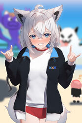  ahoge alternate_costume animal_ear_fluff animal_ears black_jacket blue_eyes blurry blurry_background blush buruma clenched_teeth double_fox_shadow_puppet female fox_ears fox_girl fox_shadow_puppet fox_tail fubuzilla_(shirakami_fubuki) hair_between_eyes highres hololive jacket looking_at_viewer open_clothes open_jacket red_buruma shirai_yu shirakami_fubuki short_hair smile tail teeth virtual_youtuber white_hair 