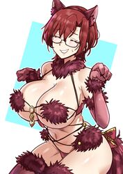  absurdres adapted_costume alternate_color animal_ears aozaki_touko black-framed_eyewear blush breasts claw_pose cleavage cosplay ebora elbow_gloves fake_animal_ears fate/grand_order fate_(series) female fur-trimmed_gloves fur-trimmed_legwear fur-trimmed_thighhighs fur_bikini fur_collar fur_trim glasses gloves halloween_costume highres lace-trimmed_legwear lace_trim large_breasts long_hair mahou_tsukai_no_yoru mash_kyrielight mash_kyrielight_(cosplay) mash_kyrielight_(dangerous_beast) mash_kyrielight_(dangerous_beast)_(cosplay) navel o-ring o-ring_top open_mouth red_gloves red_hair red_thighhighs revealing_clothes semi-rimless_eyewear short_hair solo thighhighs under-rim_eyewear white_mouth wolf_ears 