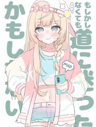  blonde_hair blue_eyes blue_shirt blue_shorts blush braid breasts cellphone cropped_shirt daizu_8432 female hair_ornament hat holding holding_phone hololive jacket kazama_iroha kazama_iroha_(streetwear) letterman_jacket long_hair navel official_alternate_costume phone pink_jacket shirt shorts small_breasts smartphone smile sweater virtual_youtuber 