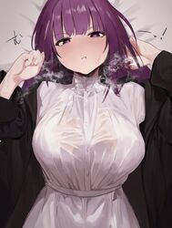  :t bed_sheet black_coat blunt_bangs blush breasts clenched_hands closed_mouth coat commentary dio_nand dress female fern_(sousou_no_frieren) hands_up heavy_breathing highres large_breasts long_hair looking_at_viewer lying on_back open_clothes open_coat pout purple_eyes purple_hair solo sousou_no_frieren white_dress 