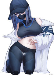  artist_name baseball_cap belt black_belt black_footwear black_hat black_mask black_pants black_shirt blue_archive blue_eyes blue_hair breasts female hat highres jacket kainines kneeling large_breasts long_hair long_sleeves mask midriff mouth_mask navel off_shoulder pants saori_(blue_archive) shirt simple_background sleeveless sleeveless_shirt sleeves_past_wrists solo thigh_gap thighs white_background white_jacket 