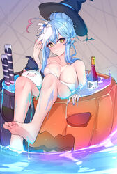  absurdres ahoge barefoot bathing blue_hair blue_nails breast_press breasts cleavage daifuku_(yukihana_lamy) female flower hair_flower hair_ornament halloween hat heart heart_ahoge highres hololive jack-o&#039;-lantern large_breasts long_hair looking_at_viewer naked_towel pointy_ears sherryqq sidelocks soles toes towel virtual_youtuber witch_hat yellow_eyes yukihana_lamy 