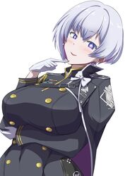  +_+ aiguillette arm_under_breasts black_cape black_dress blush breasts buttons cape colored_inner_hair covered_navel cowboy_shot double-breasted dress earrings epaulettes female gloves goddess_of_victory:_nikke gradient_eyes grey_hair hair_between_eyes jewelry large_breasts liliweiss_(nikke) long_sleeves looking_at_viewer multicolored_eyes multicolored_hair parted_lips purple_hair sankakukin_gear short_hair sidelocks simple_background smile solo standing star-shaped_pupils star_(symbol) symbol-shaped_pupils tight_clothes tight_dress two-tone_hair white_background white_gloves 