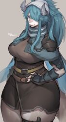  absurdres blue_eyes blue_hair blue_scarf breasts brown_dress commentary_request dress female furry furry_female gauntlets grey_background grey_headwear grey_horns hair_over_one_eye head_scarf highres horns large_breasts long_hair looking_at_viewer original scarf simple_background solo suurin_(ksyaro) thick_thighs thighs twitter_username 