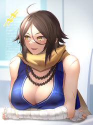  ahoge bandaged_arm bandages bead_necklace beads breasts brown_eyes brown_hair chair cleavage desk fate/grand_order fate_(series) female jewelry large_breasts minami_koyogi necklace on_desk scar scar_on_arm scar_on_face scar_on_nose scarf sugitani_zenjubou_(fate) yellow_scarf 