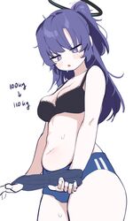  black_bra blue_archive blue_buruma blush bra breasts buruma cleavage commentary_request female halo highres hufy korean_commentary long_hair medium_breasts navel official_alternate_costume parted_lips ponytail purple_eyes purple_hair simple_background solo stomach sweat underwear undressing weight_conscious white_background yuuka_(blue_archive) yuuka_(track)_(blue_archive) 