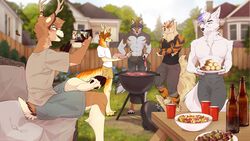  16:9 anthro arcanine arctic_fox arthropod athletic athletic_male beef beer_bottle bottle bottomwear building butterfly canid canine canis cellphone cervine clothed clothing container cookout corn deer detailed_background electronics epsom_(foxmcc) erikadent fence flower food fox furniture generation_1_pokemon grill grin group hi_res house insects kebab lepidopteran looking_at_object male mammal meat neighborhood nintendo partially_clothed party phone pillow plant pokemon pokemon_(species) rolled_up_pants rove_(foxmcc) rowley_(foxmcc) shirt shirtless shirtless_male shorts sitting smile smug solo_cup standing steak summer t-shirt table tongs tools topwear true_fox ulaan vincent_(foxmcc) wallpaper widescreen wolf yard 