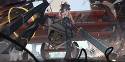  absurdres aircraft airplane antique_firearm armband ash_arms ass bare_arms bare_shoulders black_armband black_gloves black_hair black_headwear breasts chinese_commentary choker city female fokker_dr.i fokker_dr.i_(ash_arms) gloves gun harness hat high_heels highres holding holding_sword holding_weapon huge_weapon leather leather_pants light_particles looking_at_viewer mecha_musume pants personification red_eyes sail_(apha7775) scabbard sheath short_hair sword weapon white_choker 