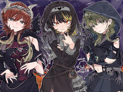  3girls aketa_mikoto black_dress black_gloves black_hair black_hood black_skirt black_wings blonde_hair brown_hair cropped_shirt demon_horns dress feathered_wings fingernails gloves gradient_hair green_eyes habit highres hood hood_up horns idolmaster idolmaster_shiny_colors ikaruga_luca inuhadaka light_blush light_brown_hair looking_at_viewer multicolored_eyes multicolored_hair multiple_girls nail_polish nanakusa_nichika navel nun official_alternate_costume reaching reaching_towards_viewer red_eyes scar scar_on_cheek scar_on_face skirt stomach wings 