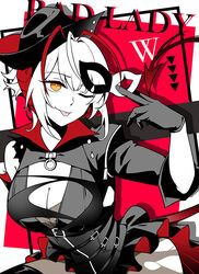  ;p ahoge ambience_synesthesia antenna_hair arched_back arknights belt belt_buckle black_sleeves border breast_cutout breasts buckle buttons character_name chinese_commentary cleavage cleavage_cutout closed_mouth clothing_cutout commentary_request cowboy_shot demon_girl demon_horns demon_tail detached_sleeves domino_mask dress drop_shadow dyed_ahoge english_text eye_mask female gloves hair_between_eyes hand_up hat high_belt holding holding_mask horns large_breasts leaning leaning_forward long_sleeves looking_at_viewer mask medium_hair monochrome multiple_belts o-ring official_alternate_costume one_eye_closed outside_border pantyhose pleated_dress popped_collar red_background red_horns red_tail shadow short_dress sidelocks simple_background single_bare_shoulder single_sleeve single_wide_sleeve smile smirk solo spot_color standing tail thegrasswontmoveanymore thighhighs tongue tongue_out torn_clothes torn_pantyhose underbust w_(arknights) w_(wanted)_(arknights) yellow_eyes zipper 