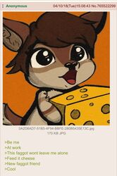  2023 4chan adobe_photoshop_(artwork) adult_(lore) ambiguous_gender anthro big_eyes black_nose brown_body brown_fur brown_hair cheese chibi dairy_products deer digital_drawing_(artwork) digital_media_(artwork) draw_over english_text eyelashes featureless_hands food fur glistening glistening_eyes glistening_nose green_text greentext_(format) hair hi_res holding_cheese homophobic_slur humor ilex_(literaldeerirl) literaldeerirl mammal meme new_world_deer nude open_mouth red_text red_tongue screencap screentone shaded shitpost slur solo tail tan_body tan_fur text tongue trans_(lore) trans_woman_(lore) white-tailed_deer young 