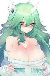  animal_ears bare_shoulders blush breasts choker cleavage collarbone english_text female fingernails green_choker green_eyes green_hair hair_between_eyes hair_ornament heart highres holding holding_sign horns large_breasts league_of_legends lips long_hair looking_at_viewer nail_polish ririsaurus shiny_skin sign simple_background single_horn solo soraka_(league_of_legends) star_guardian_(league_of_legends) star_guardian_soraka sweater white_background white_horns wing_hair_ornament 