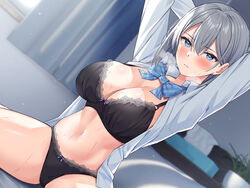  arms_up bed black_bra black_panties blue_bow blue_bowtie blue_eyes blush bow bowtie bra breasts cleavage closed_mouth collared_shirt curtains dutch_angle female grey_hair highres indoors lace-trimmed_bra lace-trimmed_panties lace_trim large_breasts long_hair looking_at_viewer navel non-web_source on_bed open_clothes open_shirt original panties school_uniform shirt sitting solo stomach super_nagoyaka sweat tissue_box underwear white_shirt window 