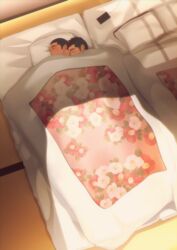  2boys absurdres bara bed black_hair closed_eyes crow_(siranui) futon highres indoors lying male_focus multiple_boys on_bed on_side original phone pillow short_hair sleeping tatami under_covers very_short_hair yaoi 