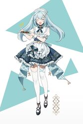  :d ^_^ apron black_footwear blue_bow blue_bowtie blue_hair bow bowtie chinikuniku closed_eyes dated dress facing_viewer faruzan_(cafe)_(genshin_impact) faruzan_(genshin_impact) female frilled_dress frilled_hairband frills full_body genshin_impact hair_ornament hairband highres holding holding_tray light_blue_hair long_hair maid maid_apron maid_headdress official_alternate_costume open_mouth puffy_short_sleeves puffy_sleeves short_sleeves smile solo standing straight-on thighhighs tray twintails twitter_username white_apron white_hair white_hairband white_thighhighs white_wrist_cuffs wrist_cuffs x_hair_ornament zettai_ryouiki 