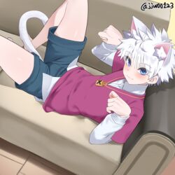  1boy animal_ear_fluff animal_ears artist_name barefoot black_shorts blue_eyes blush cat_ears cat_tail commentary couch g1_(jjw00123) hands_up hunter_x_hunter killua_zoldyck legs long_sleeves looking_at_viewer lying male_focus on_back on_couch paid_reward_available paw_pose red_vest shirt short_hair shorts solo spiked_hair tail thighs twitter_username vest white_hair white_shirt 