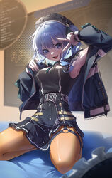  absurdres armpits belt beret black_dress black_hat blue_eyes blue_hair blue_jacket bow bow_earrings breasts commentary_request dress earrings female fingernails future_cake garter_straps green_ribbons hair_between_eyes hat highres hololive hoshimachi_suisei hoshimachi_suisei_(casual) indoors jacket jewelry kneeling korean_commentary lace-trimmed_sleeves lace_trim light_blush long_fingernails long_hair long_sleeves looking_at_viewer medium_breasts neck_ribbon o-ring o-ring_thigh_strap official_alternate_costume official_alternate_hair_length official_alternate_hairstyle on_bed one_side_up open_clothes open_jacket open_mouth orange_pantyhose pantyhose pixiv_username ribbon ring short_dress short_sleeves single_garter_strap smile solo star_(symbol) star_in_eye symbol_in_eye teeth thigh_strap two-sided_fabric two-sided_jacket upper_teeth_only v_over_eye virtual_youtuber 