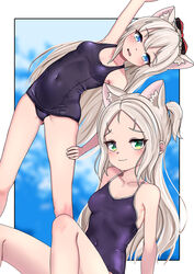  2girls :3 animal_ear_fluff animal_ears arm_up azur_lane bare_shoulders blonde_hair blue_eyes border bow breasts cat_ears commentary_request covered_navel dedorudy green_eyes hairbow hammann_(azur_lane) hand_on_own_thigh highres long_hair looking_at_viewer multiple_girls outside_border red_bow school_swimsuit siblings sims_(azur_lane) sisters sitting small_breasts standing stretching swimsuit white_border white_hair 