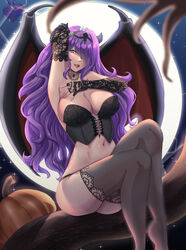  armpits black_corset black_thighhighs breasts bridal_gauntlets camilla_(fire_emblem) cleavage corset cross-laced_clothes cross-laced_corset demon_girl demon_wings english_commentary female fire_emblem fire_emblem_fates full_moon hair_over_one_eye halloween halloween_costume highres horns huge_moon large_breasts long_hair moon navel night night_sky no_shoes presenting_armpit pumpkin purple_eyes purple_hair red_lips rinku_bny sitting sitting_on_branch sky solo spread_armpit star_(sky) thighhighs tiara wings 