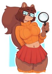  2023 4_fingers alternate_species anthro big_breasts bottomwear breasts brown_hair clothed clothing comment_chain eyebrow_through_hair eyebrows eyewear female fingers fully_clothed furrification glasses hair hand_behind_back hanna-barbera hi_res holding_object inner_ear_fluff legwear looking_at_viewer magnifying_glass mammal midriff navel orange_clothing orange_legwear orange_sweater orange_topwear rectangular_glasses red_bottomwear red_clothing red_skirt rodent sciurid scooby-doo_(series) short_hair simple_background skirt smile smiling_at_viewer solo sweater tail topwear translucent translucent_hair tree_squirrel ttothep_arts tuft velma_dinkley wearing_glasses 