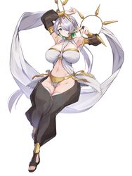  absurdres anklet armlet armpits arms_up bare_shoulders blue_eyes bracelet breasts brid_(nikke) bridal_gauntlets cleavage commission cosplay dancer detached_sleeves earrings english_commentary female fire_emblem fire_emblem_awakening full_body goddess_of_victory:_nikke gold_collar green_hair grey_hair groin hair_between_eyes hair_over_one_eye hairband harem_outfit harem_pants highres huge_breasts jewelry jknor long_hair looking_at_viewer low_ponytail mole mole_on_breast multicolored_hair navel olivia_(fire_emblem) olivia_(fire_emblem)_(cosplay) pants parted_lips sandals second-party_source see-through sidelocks simple_background skindentation solo standing standing_on_one_leg stomach thighhighs two-tone_hair white_background white_hairband white_thighhighs 