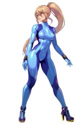  blonde_hair blue_bodysuit blue_eyes blue_gloves bodysuit breasts female full_body gloves hair_between_eyes highres latex latex_bodysuit long_hair looking_to_the_side medium_breasts metroid ponytail samus_aran simple_background solo volyz white_background zero_suit 