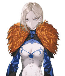  bad_id bad_pixiv_id blonde_hair breasts cleavage cleavage_cutout closed_mouth clothing_cutout commentary commission female fov_ps fur_trim grey_eyes highres long_sleeves looking_at_viewer lost_ark medium_breasts medium_hair parted_bangs pixiv_commission simple_background solo upper_body white_background 