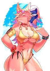  anthro bikini blush breasts canid canine closed_eyes clothing eyewear female fox fur hozunomi lifewonders live_a_hero mammal navel pink_body pink_fur ribbons smile solo standing sunglasses swimwear zaniah_(live_a_hero) 