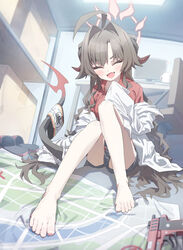  ahoge applepie_(12711019) barefoot black_hair black_horns black_shorts black_tail blue_archive blush box closed_eyes coat collared_shirt demon_horns feet female gun h&amp;k_p7 hair_intakes halo handgun highres horns indoors kasumi_(blue_archive) knees_together_feet_apart knees_up lab_coat legs long_hair map monitor oerba_yun_fang open_mouth red_halo red_shirt shirt shirt_tucked_in shorts sleeves_past_fingers sleeves_past_wrists slippers smile solo swivel_chair tail toenails toes unworn_slippers weapon white_coat 