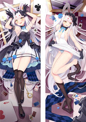  ace_(playing_card) ace_of_clubs ace_of_hearts ace_of_spades animal_ears arm_garter armpits arms_up ass azur_lane bare_legs bare_shoulders black_bow black_gloves blue_bow blue_flower blush bodice bow bow_panties breasts card center_opening checkered_floor clothes_lift club_(shape) commentary_request curly_hair dakimakura_(medium) dress dress_lift embarrassed female flower full_body gloves hair_between_eyes hair_flower hair_ornament hairband hairbow hands_on_own_head heart knee_up lifting_own_clothes lolita_hairband long_hair looking_down looking_to_the_side lying mirror moeanime official_alternate_costume on_back on_side open_mouth panties playing_card pocket_watch rabbit_ears rabbit_girl rabbit_pose see-through see-through_dress shimakaze_(azur_lane) shimakaze_(the_white_rabbit_of_wonderland)_(azur_lane) small_breasts spade_(shape) striped_clothes striped_panties thigh_gap thighhighs thighhighs_pull thighs underwear very_long_hair watch white_dress white_hair yellow_eyes 